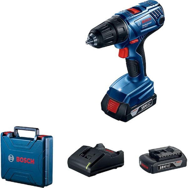 Bosch Professional GSR 180-LI 18 V sistēmas 18 V akumulatora urbjmašīna (ieskaitot 2 x akumulatoru x 2,0 Ah)