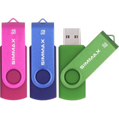 SIMMAX USB Sticks Pack of 3 64GB USB Flash Drive Rotate Metal USB 2.0 Memory Stick (64GB Pink Blue Green)