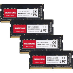 DDR4 RAM: GIGASTONE 64GB komplekts (4x16GB) DDR4 3200MHz (2933MHz vai 2666MHz) PC4-25600(PC4-23400, 21300) CL22 1.2V SODIMM 260Pin Non-ECC Unbuffered Augstas veiktspējas portatīvo datoru jauninājums.