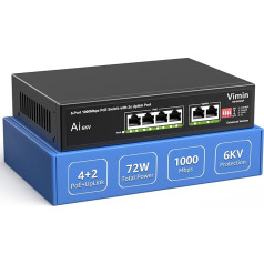 6 portu gigabitu PoE komutators ar 4 PoE pieslēgvietām, VIMIN 4 portu nepārvaldāms 10/100/1000Mbps tīkla PoE komutators ar 2 Uplink pieslēgvietām, AI Watchdog, VLAN, pagarinājums 250 m, atbalsta IEEE802.3af/at