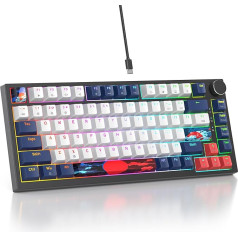 SOLIDEE vadu 75% mehāniskā spēļu tastatūra, karsti nomaināma mehāniskā tastatūra ar blīvējuma konstrukciju, RGB fona apgaismojums, 82 taustiņi, kompakta TKL tastatūra ar rotācijas pogu (82 Blue White)