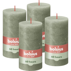 Bolsius Rustic Pillar Candles, olīveļļas zaļš, 4 gab., dekoratīvās mājas sveces, degšanas laiks 60 stundas, bez aromāta, dabīgs augu vasks, bez palmu eļļas, 13 x 7 cm