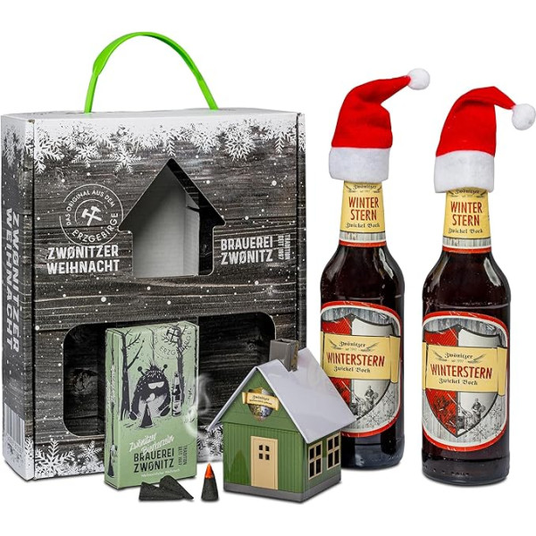 Brauerei Zwönitz Winterstern Bier Geschenkbox mit Winterstern Craft Beer 0,33L, Räucherkerzen und Räucherhäuschen Metall/Geschenkset Weihnachten/Geschenkset für Männer Weihnachten