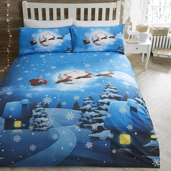 Bedlam - Ziemassvētku ziemas sega - vienvietīga izmēra (140 x 200 cm) - Santa & ziemeļbriežu sega - Santa gultasveļas komplekts - Santa in Sleigh sega - zils