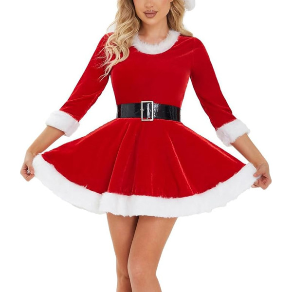 Yassiglia Damen Weihnachtskleid Sexy Weihnachtskostüm Frauen Elegantes Weihnachten Pulloverkleid Slim Fit Langarm Kleid Weihnachtsmann Cosplay Kostüm für Party Club