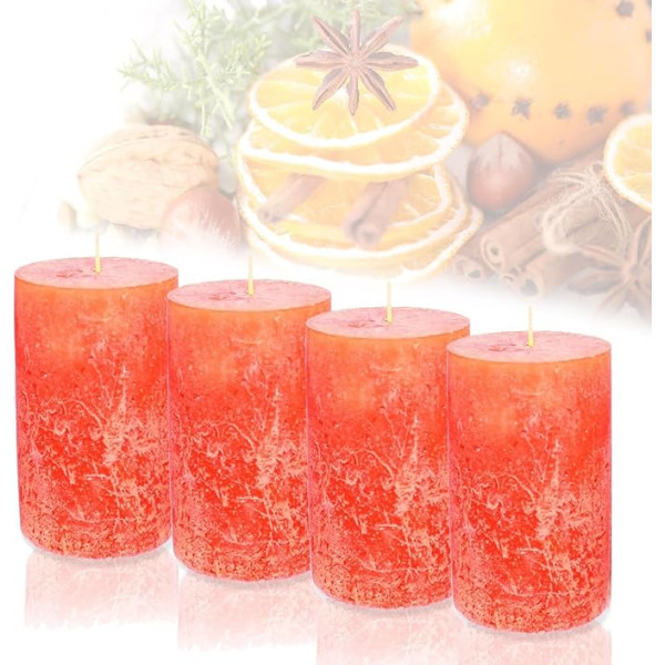 Candelo 4 sveču komplekts Ambiente Rustic Pillar Candle - oranžs - liela 12 cm svece - ilgs degšanas laiks aptuveni 54 stundas Ziemassvētku sveces Adventes vainagam