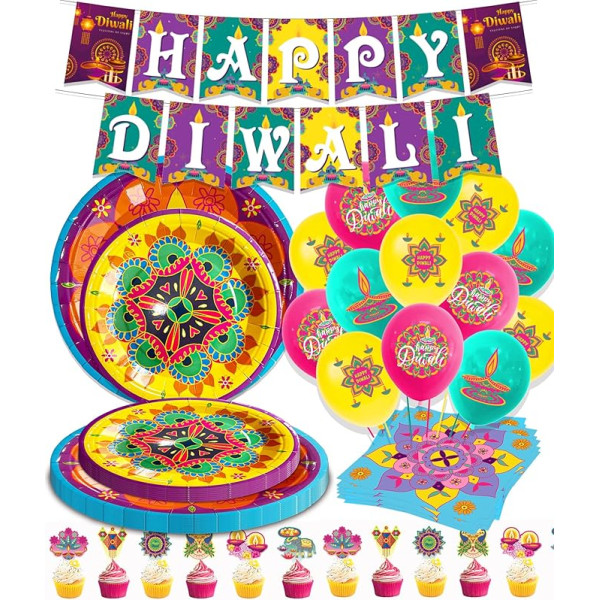 91 gab. laimīgas Diwali galda rotājumu komplekts 24 viesiem Gaismas svētki Indijas tradicionālo svētku trauku komplekts Diwali Deepavali kāzām Mehndi (dzeltens)