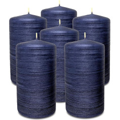 Hyoola Brushed Metallic Pillar Candles - Sveces zilā krāsā, 6 gabaliņi - Dekoratīvās sveces pusnakts zilā krāsā - Lielas dekoratīvās sveces, ražotas ES - Ilgs degšanas laiks - 7 cm x 13 cm