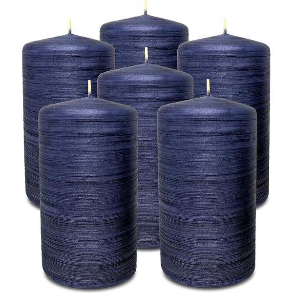 Hyoola Brushed Metallic Pillar Candles - Sveces zilā krāsā, 6 gabaliņi - Dekoratīvās sveces pusnakts zilā krāsā - Lielas dekoratīvās sveces, ražotas ES - Ilgs degšanas laiks - 7 cm x 13 cm