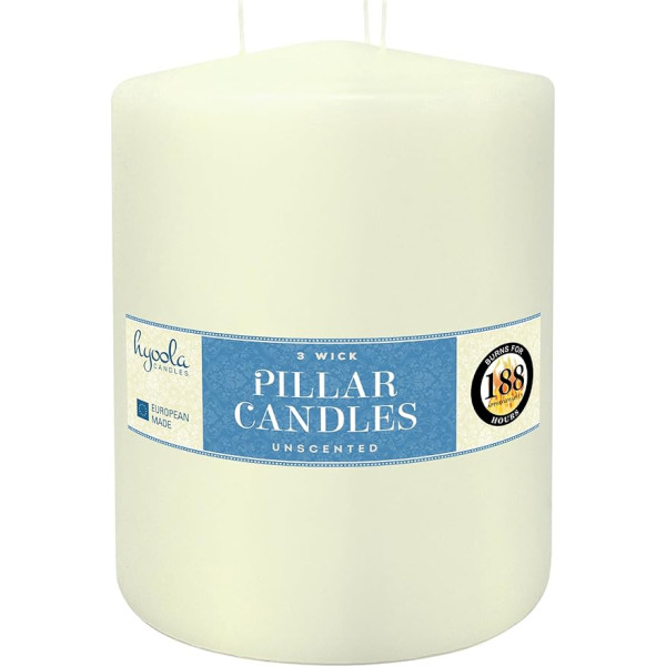 Hyoola Ivory Pillar Candles Liela trīs daktu svece - 15 x 20 cm - Nekoncentrētas lielas pīlādzenes sveces - Sveces degšanas laiks 188 stundas - Liela svece Ražots ES