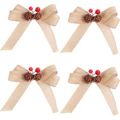 Bamboopack 4 Stück Jute-Schleifen mit Tannenzapfen und roten Beeren, Geschenkband, Jute-Schleifen, Weihnachtsbaum, hängende Ornamente für Weihnachtskranz, Hochzeit, Party-Dekoration