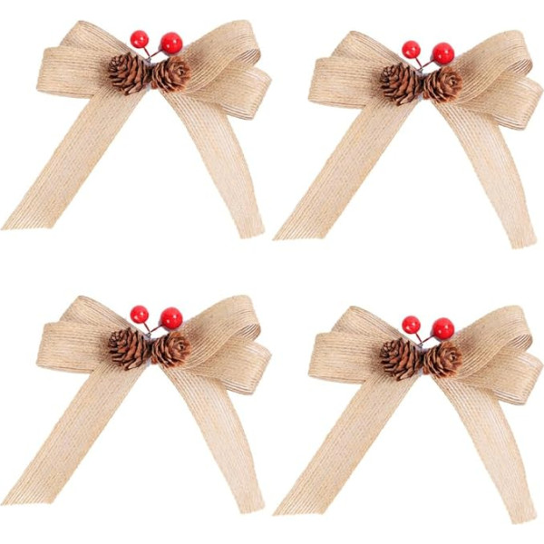 Bamboopack 4 Stück Jute-Schleifen mit Tannenzapfen und roten Beeren, Geschenkband, Jute-Schleifen, Weihnachtsbaum, hängende Ornamente für Weihnachtskranz, Hochzeit, Party-Dekoration