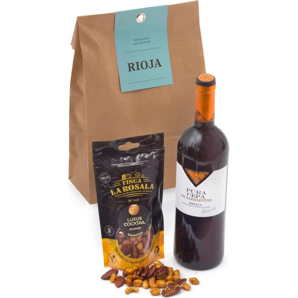 Geschenktüte RIOJA für Weinliebhaber - Edler Reserva-Rotwein D.O.C. Rioja und Gourmet-Nuss-Mischung aus Spanien