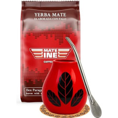 Yerba Mate arbatos rinkinys, Paragvajaus Yerba Mate Mateine Caffeine 500 g, keraminis Mate arbatos puodelis Hoja Red 350 ml, nerūdijančio plieno geriamasis šiaudelis Bombilla 19 cm, Yerba Mate arbatos šiaudelis, kamštinis padėkliukas, Mate gėrimas