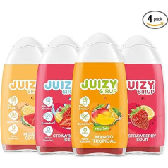 JUIZY WOW Mixed Flavours (Mango Tropical, Melon Sour, Strawberry Sour, Strawberry Ice) - Dzērienu sīrups bez cukura | Dabīgs aromāts - maz kaloriju | Vegāns 4 x 65 ml