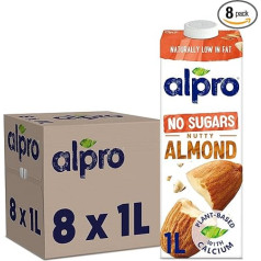 Alpro mandeļu dzēriens bez cukura, 8 x 1 l, izturīgs, kalcija un vitamīnu avots, bez cukura, bez glutēna, ar zemu tauku saturu, bez laktozes, vegāns un piena produktiem