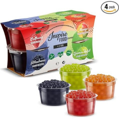 INSPIRE FOOD burbuļtējas bumbiņu komplekts - 4 popping boba augļu pērles, zemeņu, mango, zaļo ābolu, melleņu, tapiokas bumbiņas, 100% vegānu un bez lipekļa, bez mākslīgām krāsvielām, 100 g katra