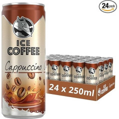 HELL Ice Coffee Cappuccino | 24 x 250 ml skardinės | 40 mg/100 ml kofeino | sudėtyje yra tikrų arabikos ir robustos kavos pupelių ekstraktų | 75 % UHT pieno | be konservantų | ledinė kava |