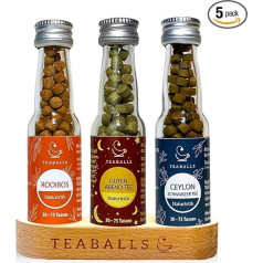 TEABALLS® 3 gabali Relax Organic tējas komplekts ar Rooibos, Ceilonas, Good Evening nomierinošām tējām, ar koka statīvu, dāvanu komplekts, apmēram 90-225 tasēm karstas tējas, bez cukura, 100% augu izcelsmes