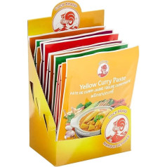 Cock Curry paste mixed box, 3 x yellow, 3 x red, 2 x green, 2 x matsaman, 2 x panang, authentic Thai cooking, natural ingredients, halal, vegan and gluten free (12 x 50 g)