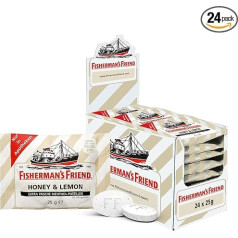 Fisherman's Friend Honey & Lemon, 24 uzglabāšanas kārbiņas, ekskluzīva šķirne: medus, citronu un mentola aromāts, bez cukura, salds svaigam elpas aromātam, 24 x 25 g