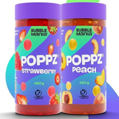 BubbleMania POPPZ® burbuļtējas bumbiņas, Boba Tapiokas bumbiņas, augļu bumbiņas, 2 gabaliņi, zemeņu, persiku komplekts