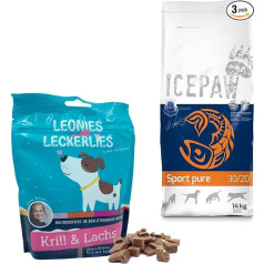 ICEPAW I Kombinētais komplekts suņiem I Augstas kvalitātes I Sausā barība Sport Pure 14 kg I Zivis (siļķe) un rīsi I Leonies kārumi 125 g