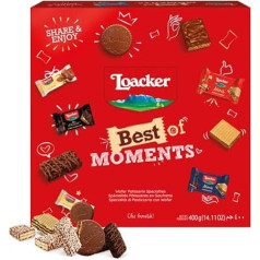 Loacker Best of Moments 400 g - dāvanu kaste Kraukšķīgas vafeles un šokolādes našķi ar lazdu riekstiem, šokolādi, vaniļu, kokosriekstu Pirtīšu kaste, pildīta ar Loacker našķiem