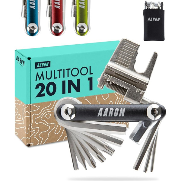 AARON Tool 20 in 1 Multitool - Daudzfunkcionāls velosipēda instruments no nerūsējošā tērauda/alumīnija - salokāms mini velosipēda instruments ar daudzām funkcijām - praktisks velosipēda instruments melnā krāsā