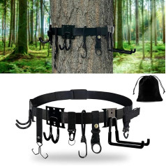 JoyPcsTable Treestand siksnas rīku pakaramie, Multi-Hook piederumu turētājs loka pakaramajam, koka statīva piederumu turētājs ar 8 āķiem, rīku lokam, kokvilnim, mugursomai, koka seglu pudelei, ar glabāšanas maisiņu