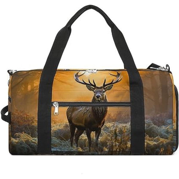 Pilna apdruka Sporta soma Tote Bag ar plecu siksnu un mugursomas funkciju, Stag in the Forest, viens izmērs, rokas bagāža, Deer in the forest, rokas bagāža