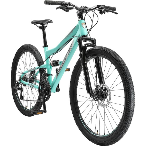 BIKESTAR Pilnībā kalnu velosipēds Shimano 21 ātruma pārnesumi, disku bremzes 26, 27.5, 29 collu riepas, 15, 17, 19 collu rāmis, MTB pilnpiedziņa, bezriska testēšana