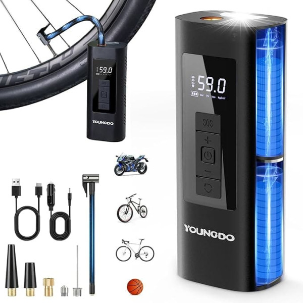 Velosipēdu sūknis, YOUNGDO gaisa sūknis velosipēdam 150 PSI, velosipēdu sūknis elektriskais 6000 mAh, elektriskais gaisa sūknis, akumulatora kompresors, velosipēdu sūknis visiem vārstiem velosipēdam, motociklam, lodēm