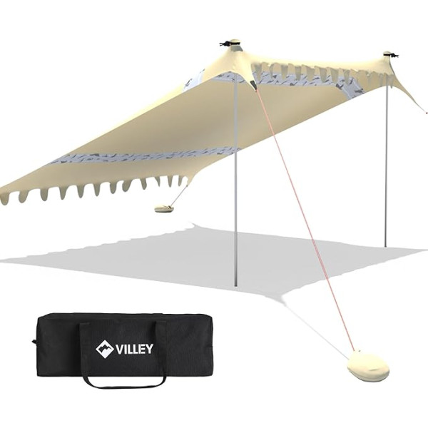 VILLEY Saules telts 3 m x 3,3 m, haki krāsā, UPF50+ UV aizsardzība Lycra pludmales telts 6 personām, saulessargs pludmalē ar smilšu maisu un 2 atbalsta stieņiem piknikam, makšķerēšanai, saules aizsardzībai