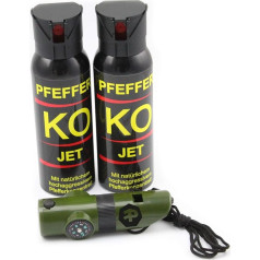 Ballistol Defence Spray Pepper KO Jet 2 kārbas ar 100 ml piparu aerosola līdz 5 m darbības attālumam, ieskaitot signāla svilpi 6-in-1