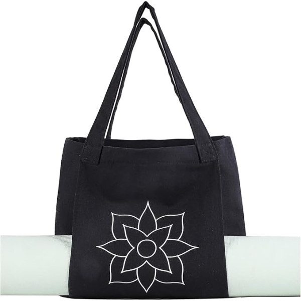 Moyaqi Canvas Tote Bag ar pārnēsājamo somu jogas matam, plecu soma birojam, treniņiem, pilatesam, ceļojumiem, pludmalei un sporta zālei, izšūšanas ziedi melns