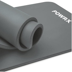 Powrx Premium vingrošanas paklājs ar bezmaksas siksnu + somiņa + vingrojumu plakāts | Ādai draudzīgs fitnesa paklājs, bez ftalātiem, 190 x 60, 80 vai 100 x 1,5 cm, dažādas krāsas, jogas paklājs, pelēks, 190 x 100 x 1,5 cm