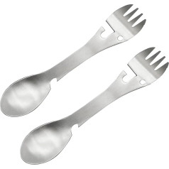 Pinenjoy daudzfunkcionāls Spork Camping 5 in 1 Spoon Fork Knife Can Opener Combo 18/10 (304) Nerūsējošā tērauda pārnēsājamie piederumi āra piknikam Pārgājieni Makšķerēšana Laivošana Grils