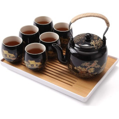 DUJUST Japanese Tea Set, Black Porcelain Chinese Tea Set with Pot and Cups, Beautiful Asian Teapot Set for Tea Lovers (Landscape in Gold)