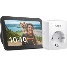 Echo Show 8 (3. Generācija) | Antracīts + TP-Link Tapo P110MA WLAN-Steckdose mit Energieverbrauchskontrolle, Funktionert mit Alexa - Smart Home-Einsteigerpaket