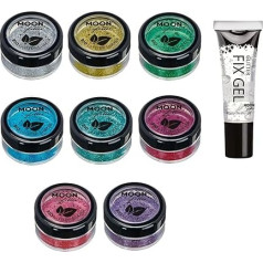 Moon Glitter Bioloģiski noārdāmie eko mirdzumi - 100% kosmētiskie organiskie mirdzumi sejai, ķermenim, nagiem, matiem un lūpām - 6 x 5 g komplekts - Plus mirdzumu fiksācijas želeja