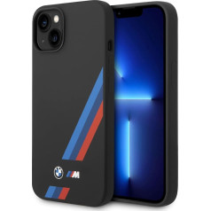 CG MOBILE BMW korpuss iPhone 14 Plus melnā krāsā ar slīpām trīskrāsu svītrām, silikona gluds un pret skrāpējumiem izturīgs aizsargvāciņš ar vieglu aizdares funkciju, triecienu absorbciju un paraksta logotipu