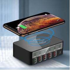 Cuifati 40W 6 portu USB lādētājs Ātrā uzlādes stacija Bezvadu USB lādētājs ar vairākiem USB portiem, IC detektoru, viedo aizsargu un digitālo LCD displeju, klēpjdatoriem, planšetdatoriem un tālruņiem (melns ES)