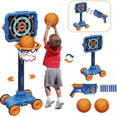 KalaDuck 2 in 1 Basketbola ripa āra bērniem un šaušanas spēles, regulējams augstums, basketbola ripa statīvs istabai, pārvietojams mērķis ar rotaļu pistoli, dāvana zēniem, meitenēm, 6 8 gadi