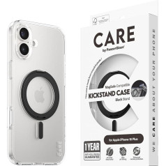 CARE BY PANZERGLASS® Apple iPhone 16 Plus telefona korpuss ar MagSafe statīvu, melns, pārbaudīta aizsardzība pret kritieniem, pārstrādāta plastmasa, pret dzeltēšanas garantija, uzlabota kameras aizsardzība