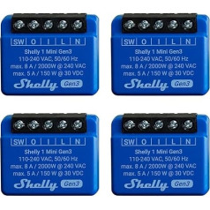 Shelly 1 Mini Gen 3 | Pack of 4 | WiFi & Bluetooth Smart Switch Relay 1 Channel 8A | Mājas automatizācija | Saderīgs ar Alexa un Google Home | iOS Android App | Nav nepieciešams Hub | Dry Contacts