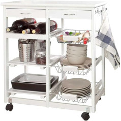 BAKAJI Kitchen Trolley Wood 2 Drawers Cutlery Tray Wine Rack 5 Compartments White Metal Standard