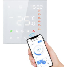 Aoresac Viedais termostats Tuya WiFi termostats, 3A balss vadība, apsildāmās grīdas, temperatūras kontrole, digitālais inteliģentais sienas termostats ūdens sildīšanai (balts)