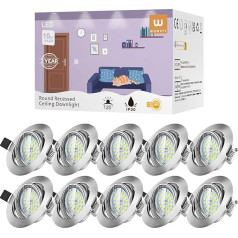 wowatt 10x LED iebūvēti prožektori 230 V 6000 K Cool White Pagriežams LED iebūvētu prožektoru komplekts, kas ietver 10x 6W GU10 prožektorus caurumam 68-80 mm, apaļš iebūvēts griestu prožektors 600 lm Nomaiņa 50