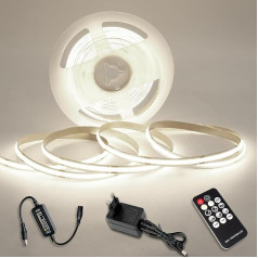 COB LED lente, silti balta, 10 m, LED lente, aptumšojama, 24 V, 6000 K, LED lente, pašlīmējoša, ūdensnecaurlaidīga IP44, gaismas lente ar barošanas avotu un kontrolieri zemgaismai, TV, virtuvei, dzīvojamai istabai